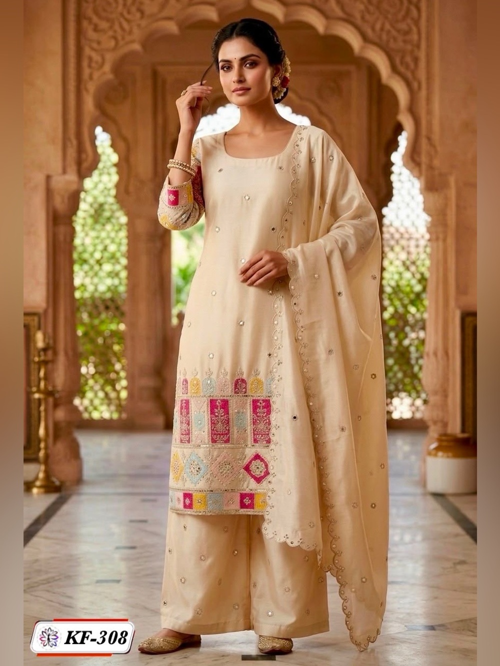 Cream Embroidered Women’s Designer Salwar Set with Pink Accents Size Small